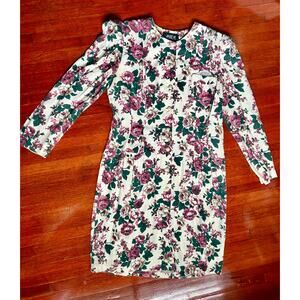 Vintage 90’s Jazz 2 Cream Green Floral Long Sleeve Dress Medium Large Whimsygoth